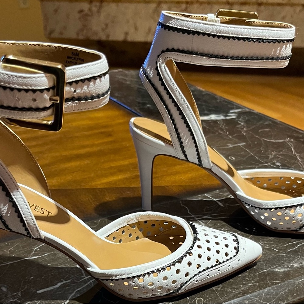 Nine West White/Black Ankle Strap Heels